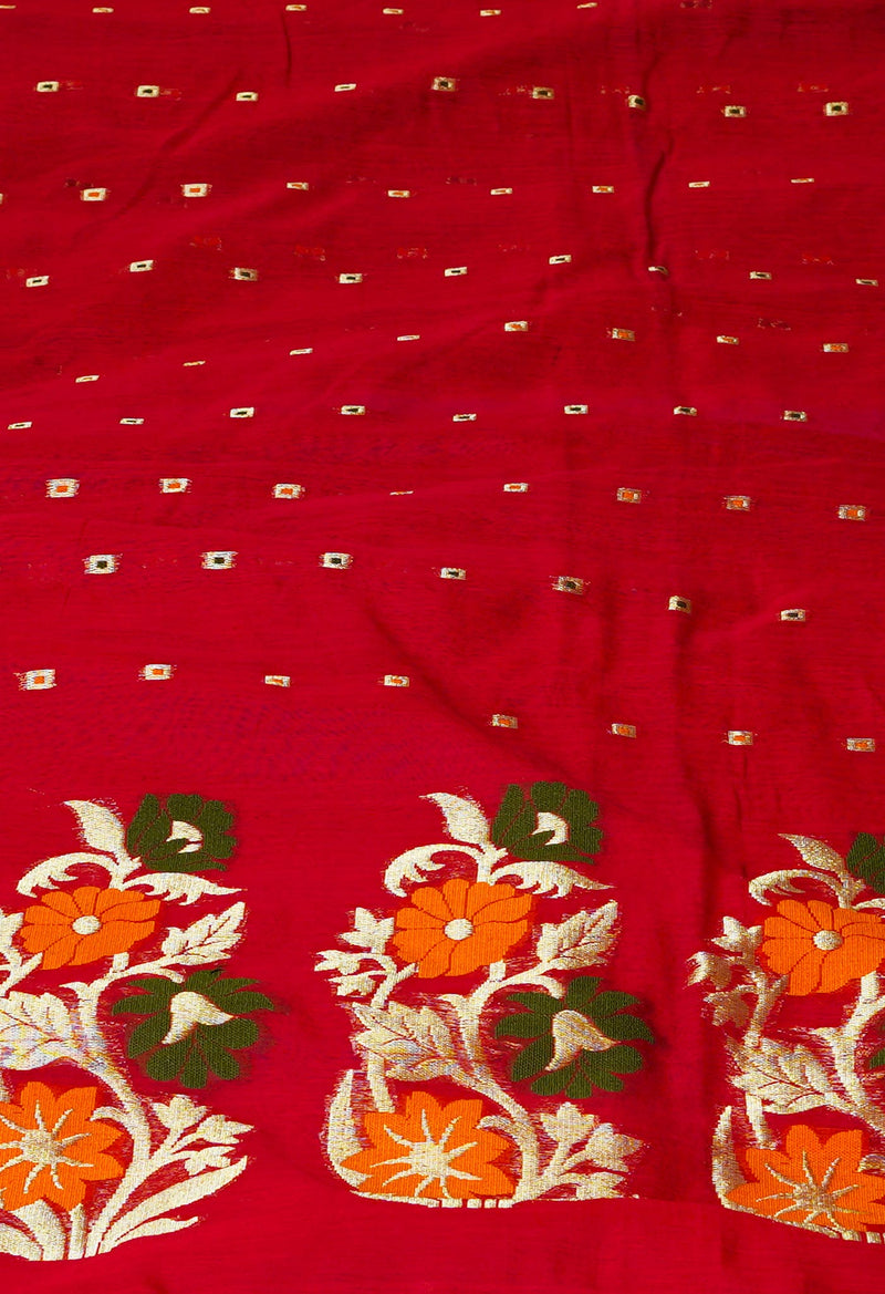 Red Pure Handloom Dhakai Jamdhani Cotton Silk Saree-UNM70261