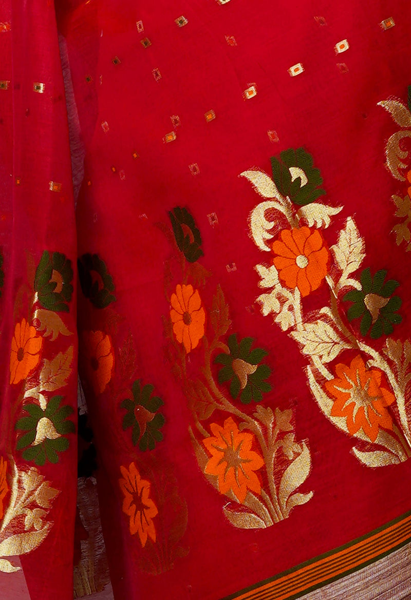 Red Pure Handloom Dhakai Jamdhani Cotton Silk Saree-UNM70261