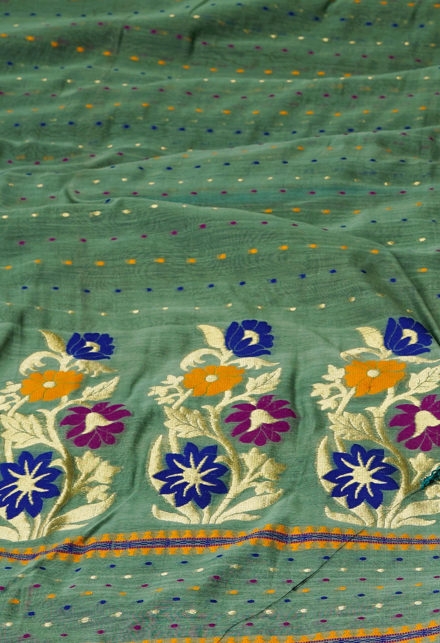 Olive Green Pure Handloom Dhakai Jamdhani Cotton Silk Saree-UNM70262