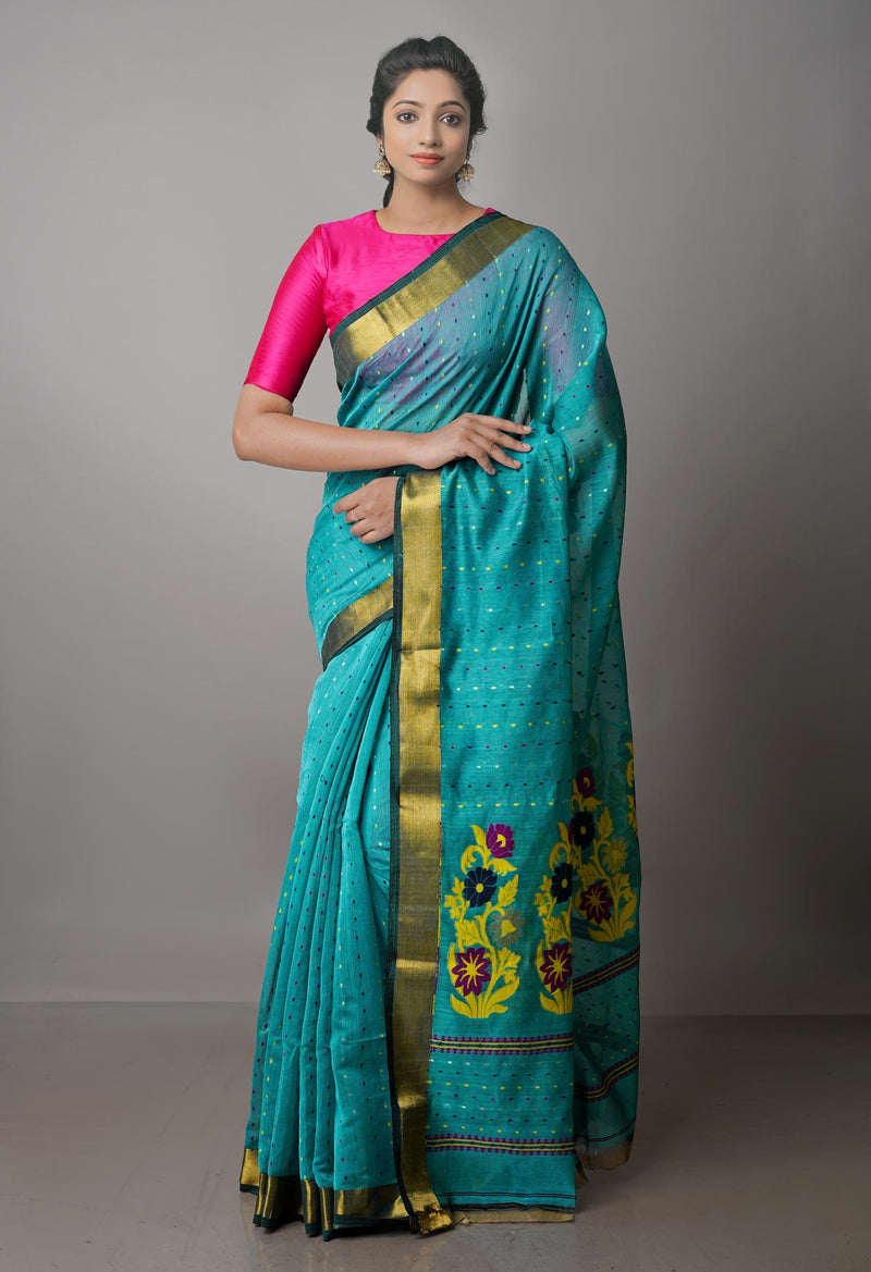 Sky Blue Pure Handloom Dhakai Jamdhani Cotton Silk Saree-UNM70263