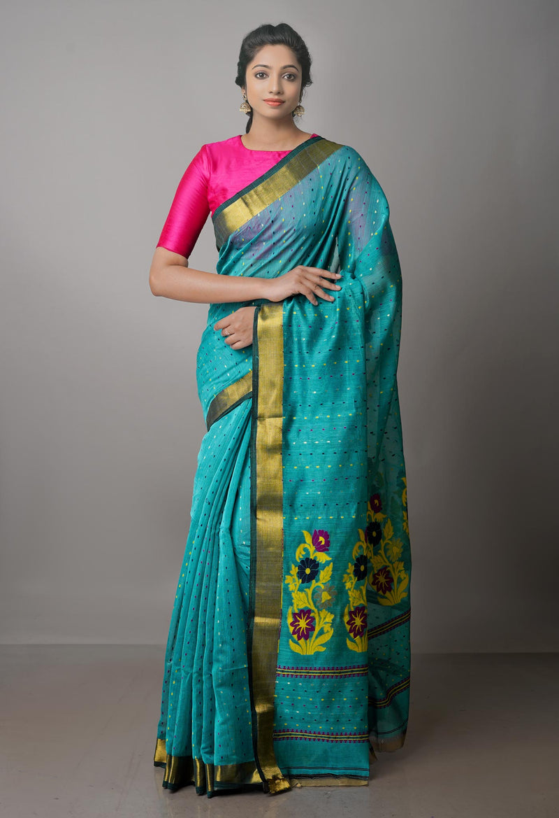 Sky Blue Pure Handloom Dhakai Jamdhani Cotton Silk Saree-UNM70263