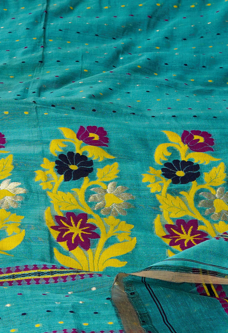 Sky Blue Pure Handloom Dhakai Jamdhani Cotton Silk Saree-UNM70263