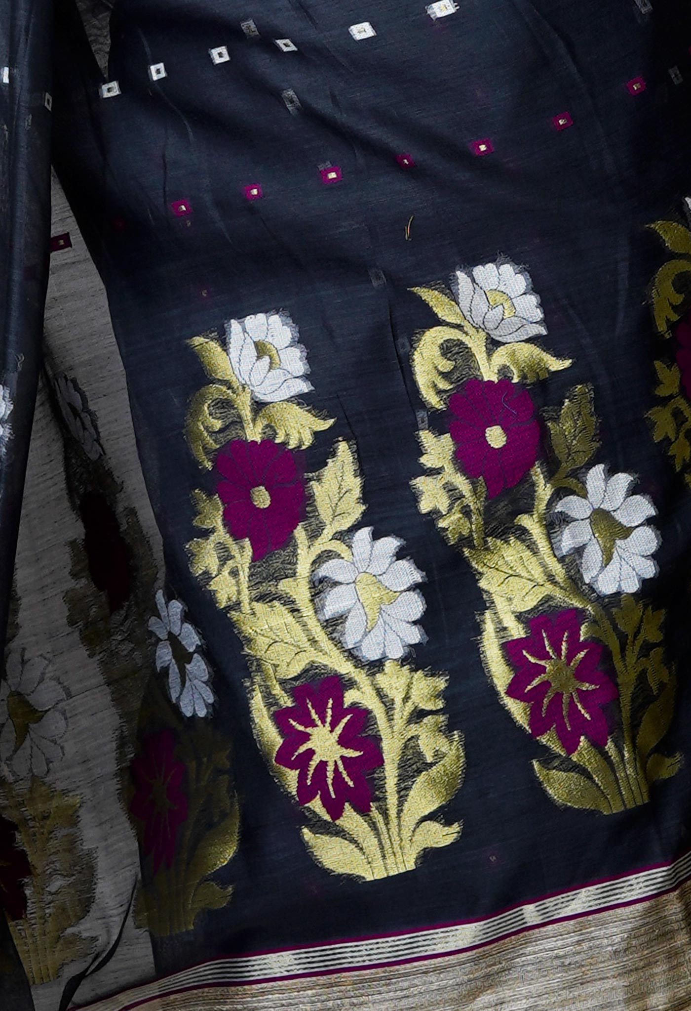 Blackish Grey Pure Handloom Dhakai Jamdhani Cotton Silk Saree