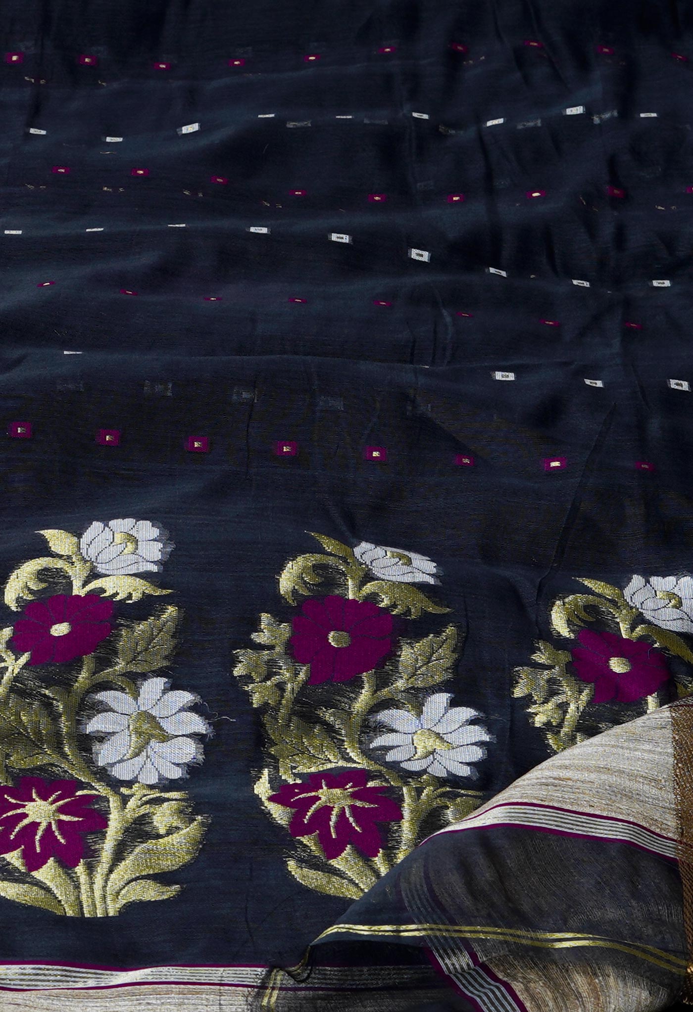 Blackish Grey Pure Handloom Dhakai Jamdhani Cotton Silk Saree