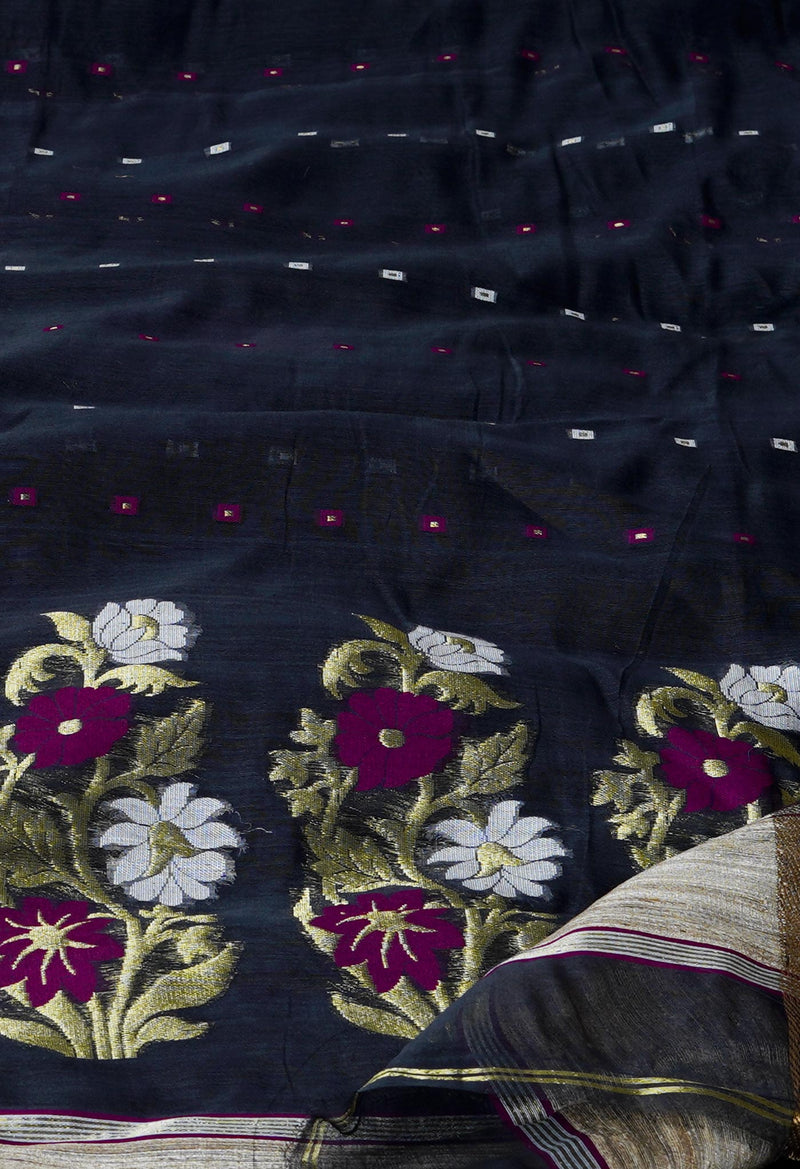 Blackish Grey Pure Handloom Dhakai Jamdhani Cotton Silk Saree-UNM70265