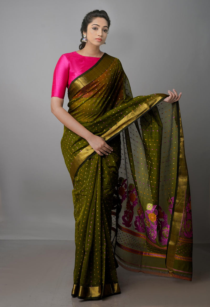 Army Green Pure Handloom Dhakai Jamdhani Cotton Silk Saree-UNM70266