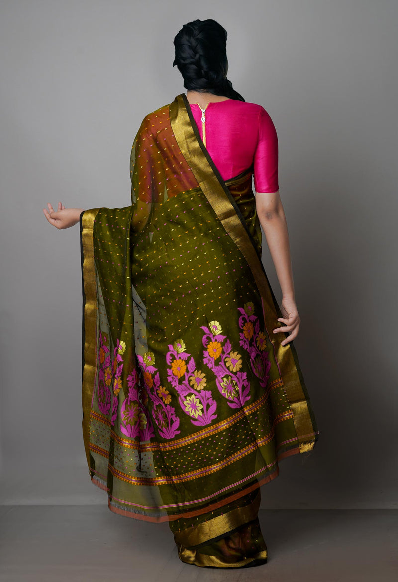 Army Green Pure Handloom Dhakai Jamdhani Cotton Silk Saree-UNM70266