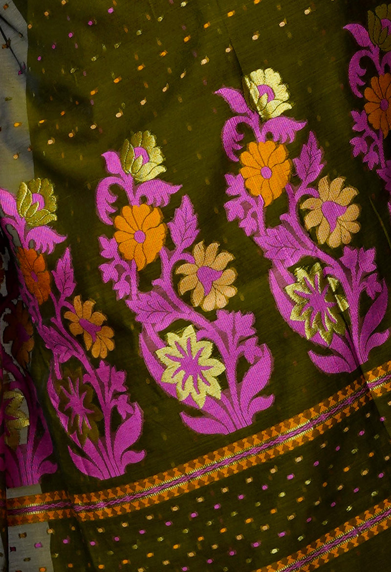 Army Green Pure Handloom Dhakai Jamdhani Cotton Silk Saree-UNM70266