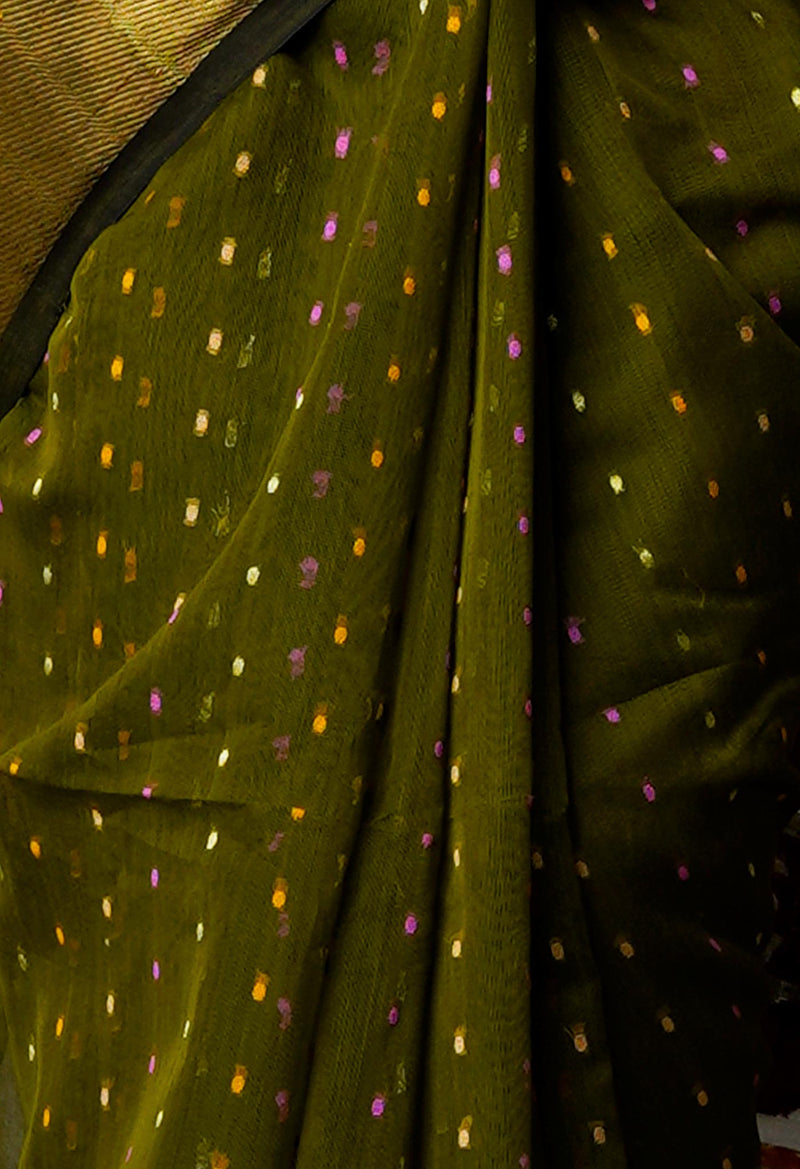 Army Green Pure Handloom Dhakai Jamdhani Cotton Silk Saree-UNM70266