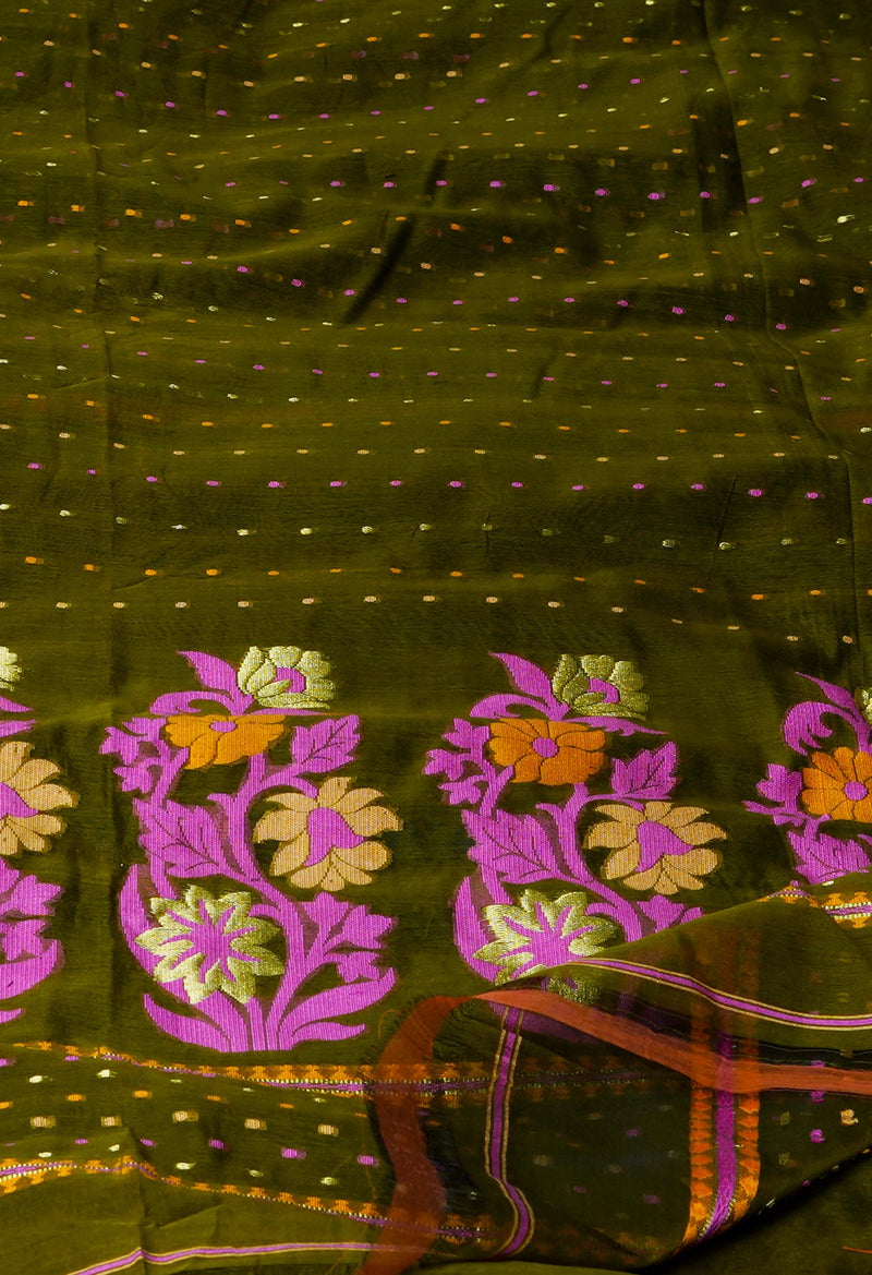 Army Green Pure Handloom Dhakai Jamdhani Cotton Silk Saree-UNM70266