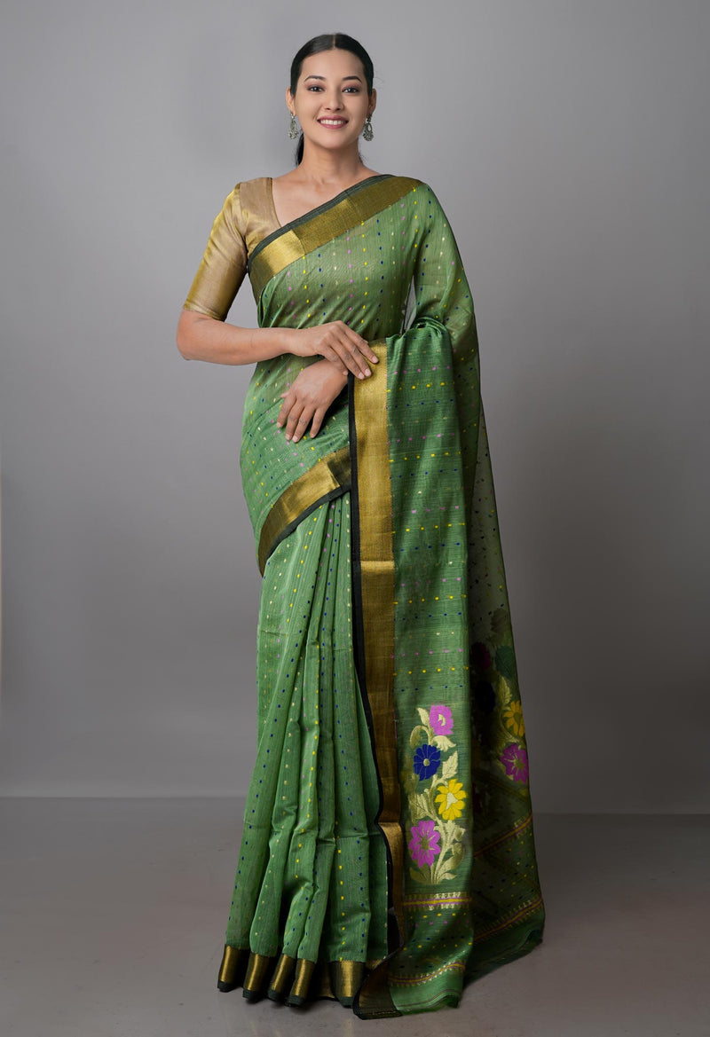 Pista Green Pure Handloom Dhakai Jamdhani Cotton Silk Saree-UNM70268