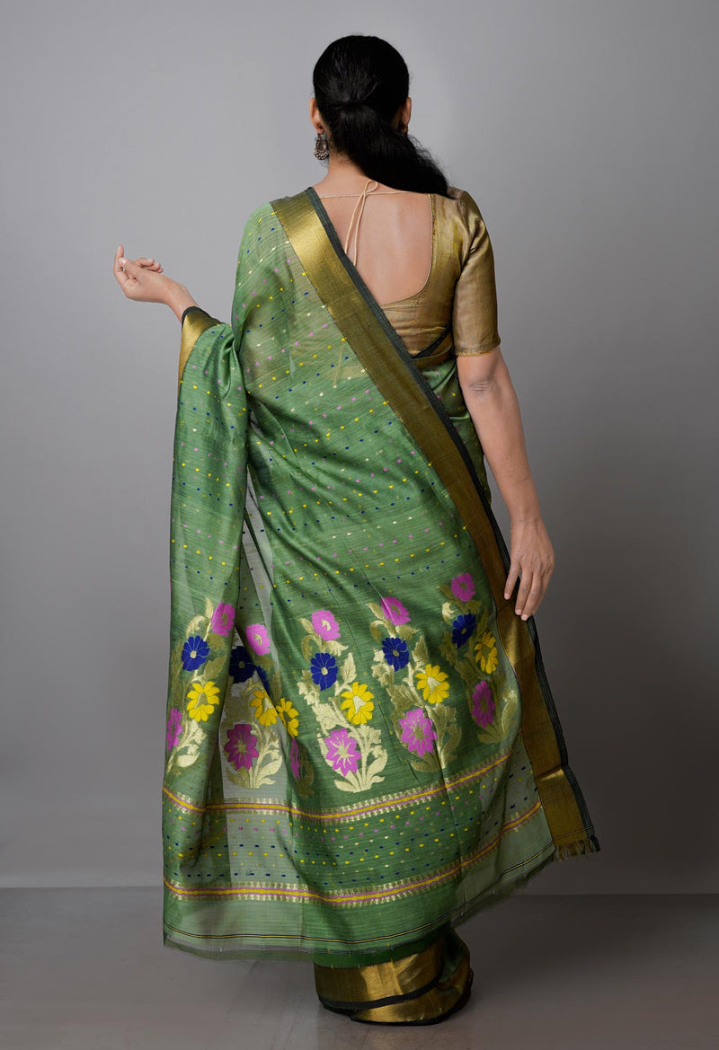 Pista Green Pure Handloom Dhakai Jamdhani Cotton Silk Saree-UNM70268