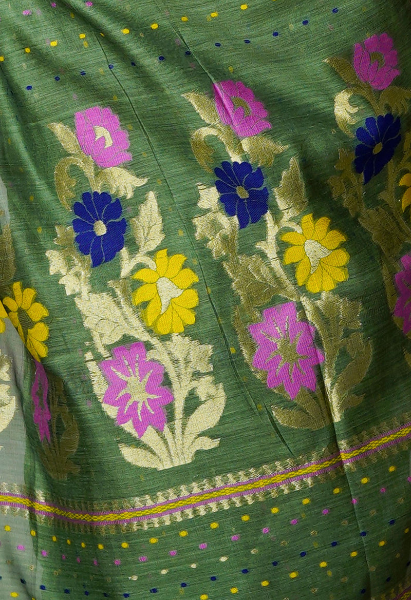 Pista Green Pure Handloom Dhakai Jamdhani Cotton Silk Saree-UNM70268