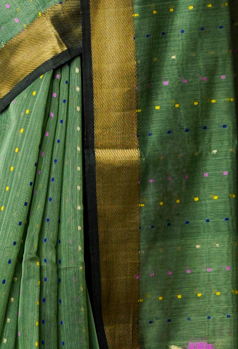Pista Green Pure Handloom Dhakai Jamdhani Cotton Silk Saree-UNM70268
