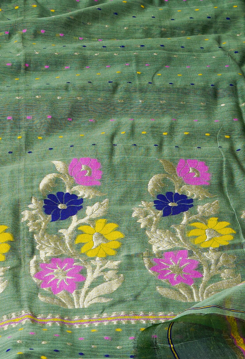 Pista Green Pure Handloom Dhakai Jamdhani Cotton Silk Saree-UNM70268