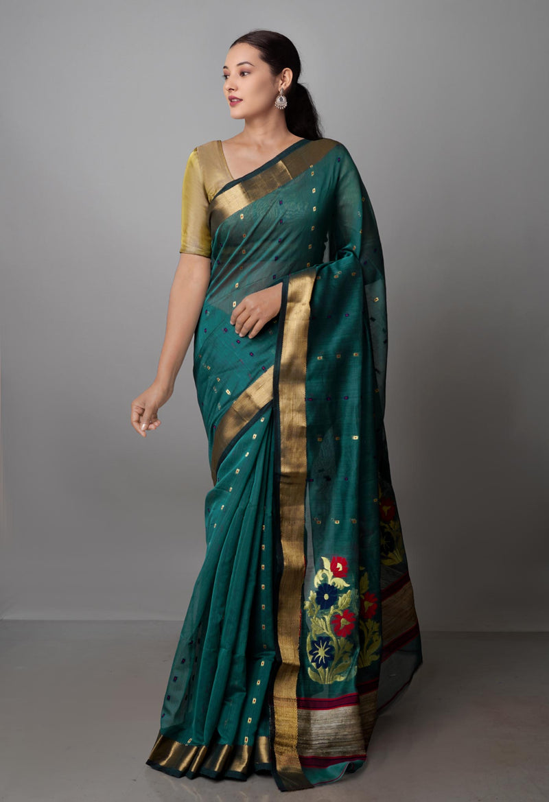 Blue Pure Handloom Dhakai Jamdhani Cotton Silk Saree-UNM70269