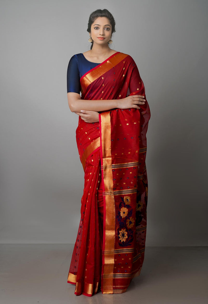 Red Pure Handloom Dhakai Jamdhani Cotton Silk Saree-UNM70270