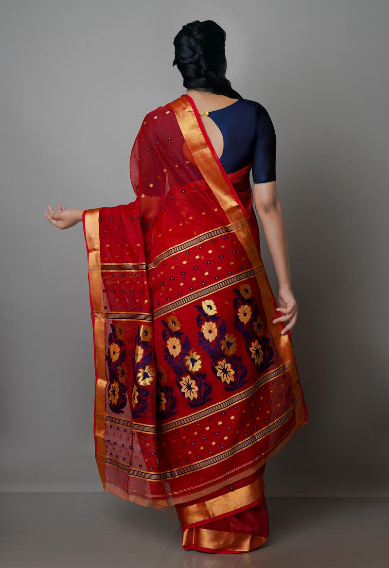 Red Pure Handloom Dhakai Jamdhani Cotton Silk Saree-UNM70270