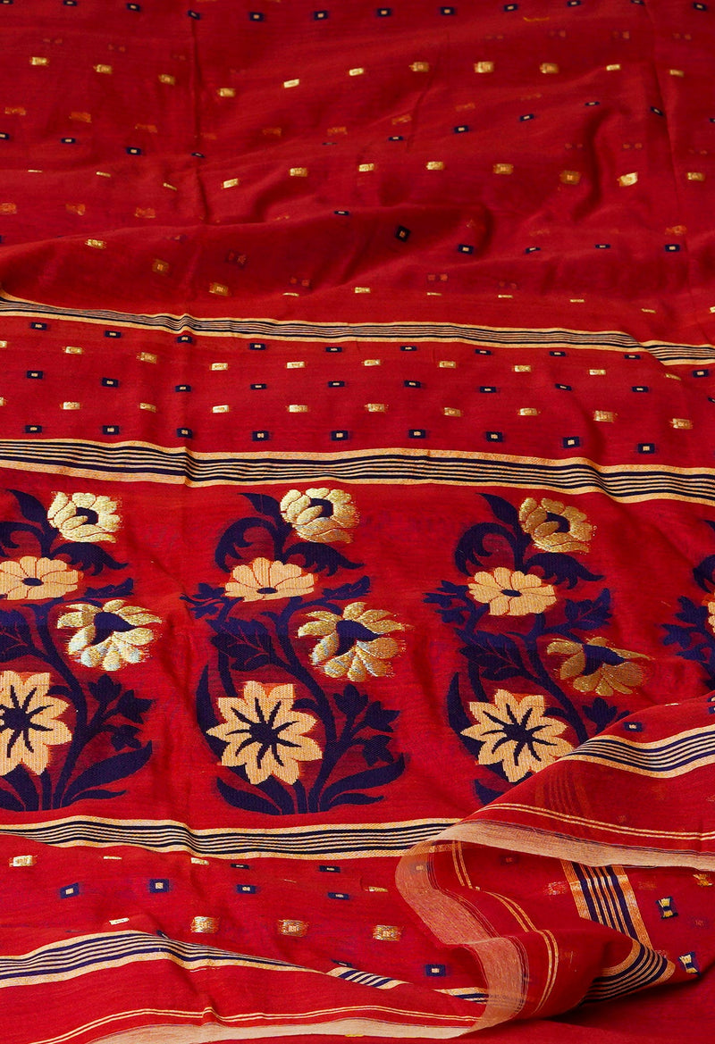 Red Pure Handloom Dhakai Jamdhani Cotton Silk Saree-UNM70270