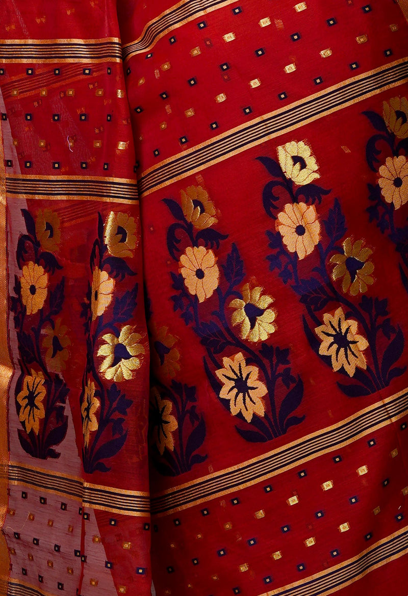 Red Pure Handloom Dhakai Jamdhani Cotton Silk Saree-UNM70270