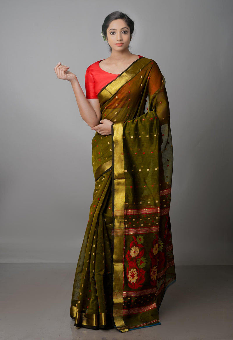 Army Green Pure Handloom Dhakai Jamdhani Cotton Silk Saree-UNM70271