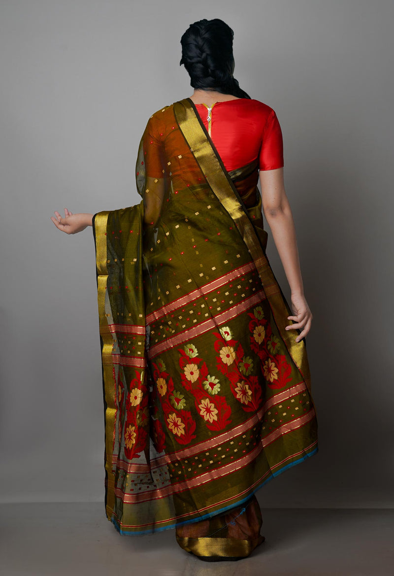 Army Green Pure Handloom Dhakai Jamdhani Cotton Silk Saree-UNM70271
