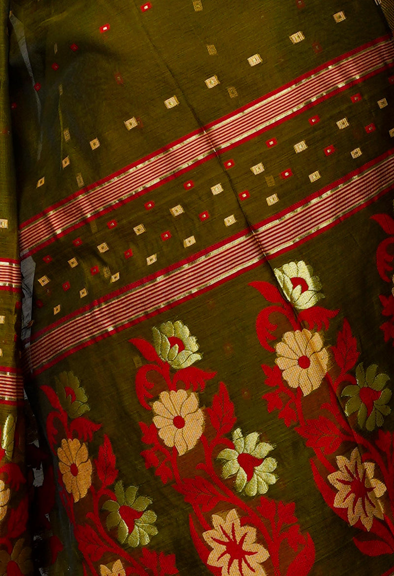 Army Green Pure Handloom Dhakai Jamdhani Cotton Silk Saree-UNM70271