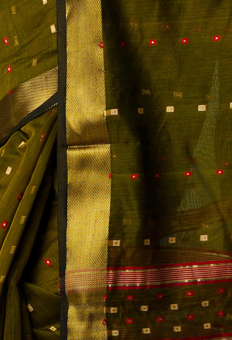 Army Green Pure Handloom Dhakai Jamdhani Cotton Silk Saree-UNM70271