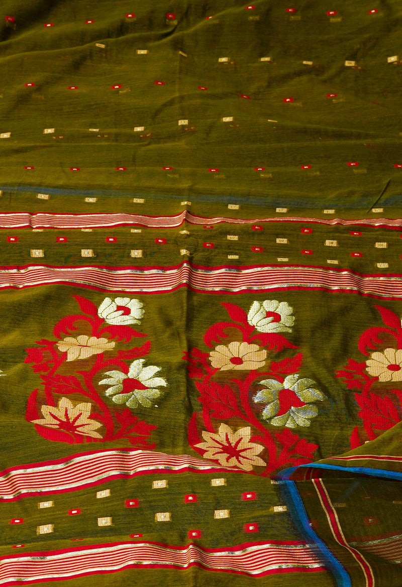 Army Green Pure Handloom Dhakai Jamdhani Cotton Silk Saree-UNM70271
