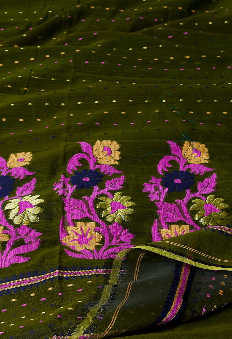 Army Green Pure Handloom Dhakai Jamdhani Cotton Silk Saree-UNM70273