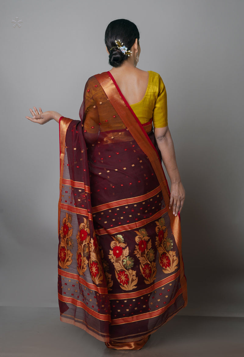 Burgundy Pure Handloom Dhakai Jamdhani Cotton Silk Saree-UNM70275