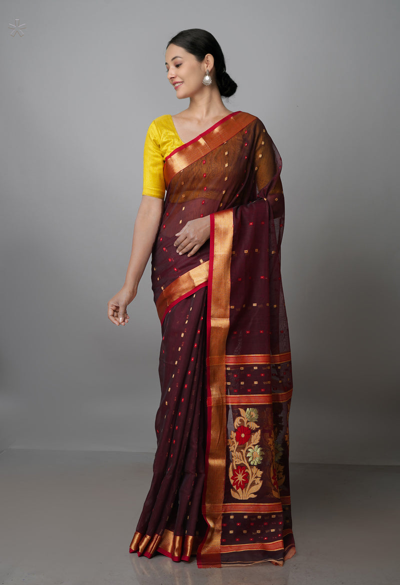 Burgundy Pure Handloom Dhakai Jamdhani Cotton Silk Saree-UNM70275