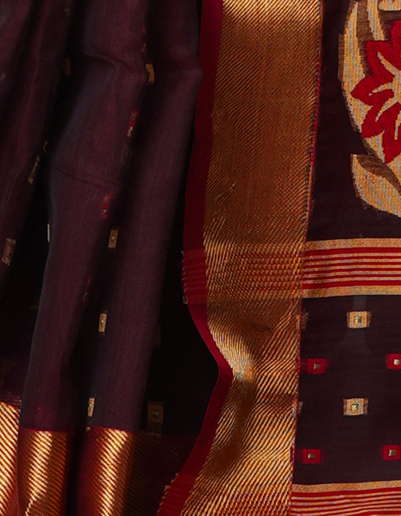 Burgundy Pure Handloom Dhakai Jamdhani Cotton Silk Saree-UNM70275