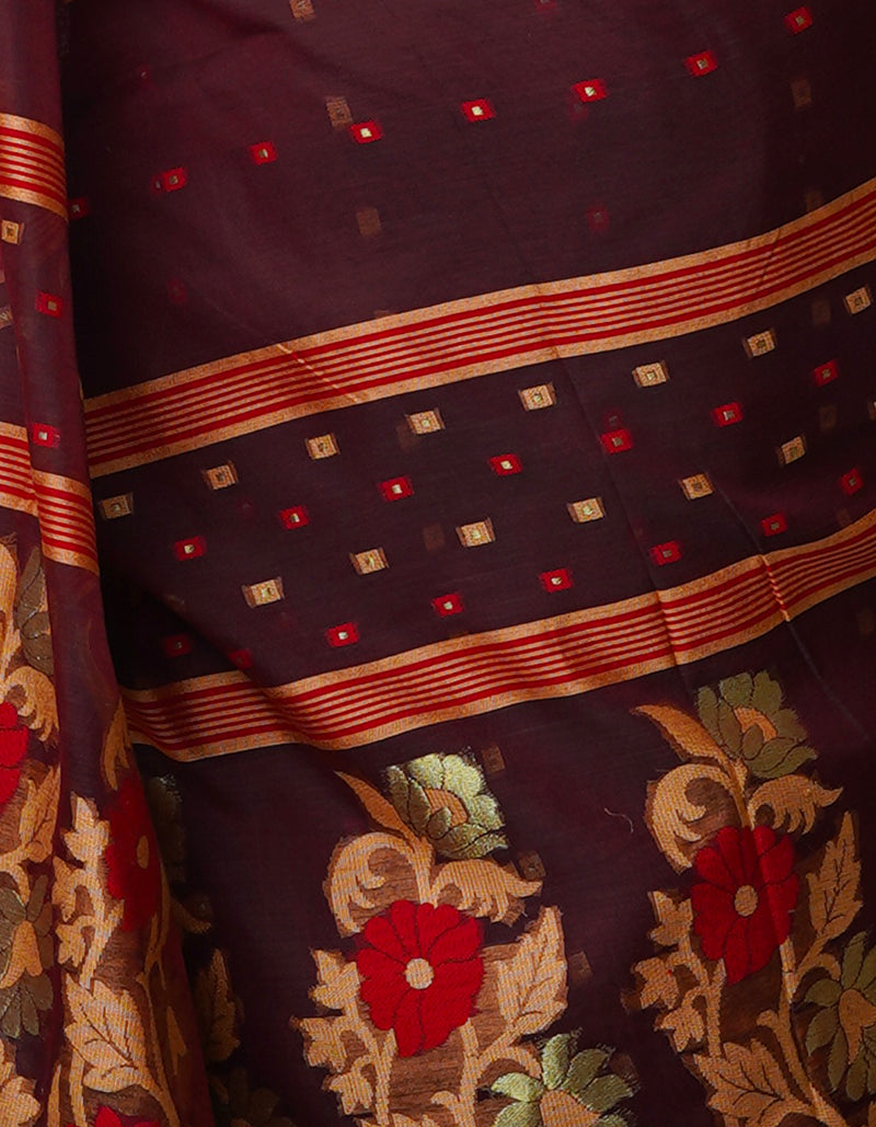Burgundy Pure Handloom Dhakai Jamdhani Cotton Silk Saree-UNM70275