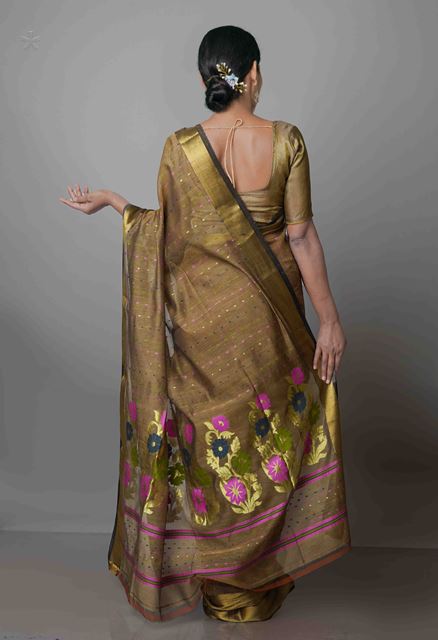 Light Brown Pure Handloom Dhakai Jamdhani Cotton Silk Saree-UNM70278