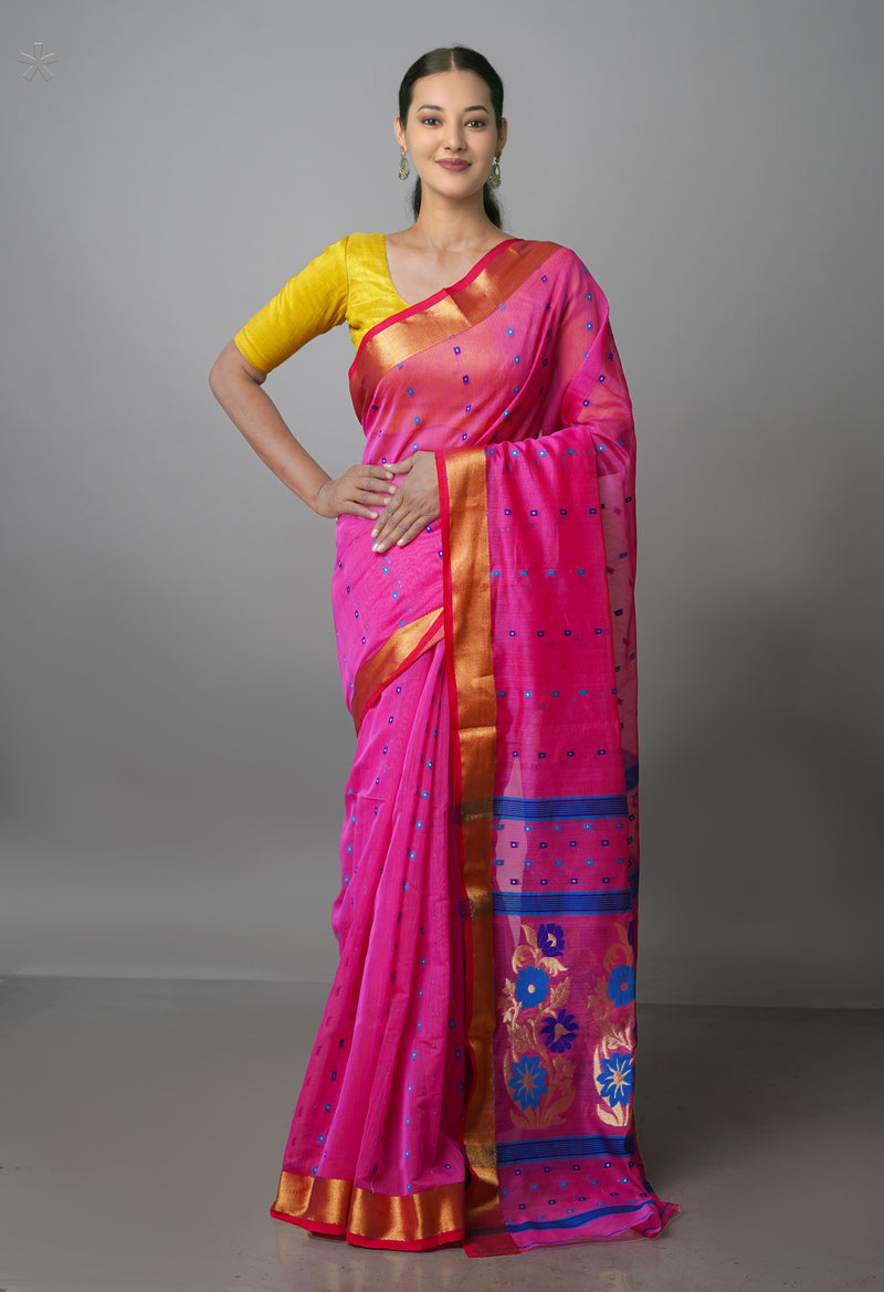 Pink Pure Handloom Dhakai Jamdhani Cotton Silk Saree-UNM70279