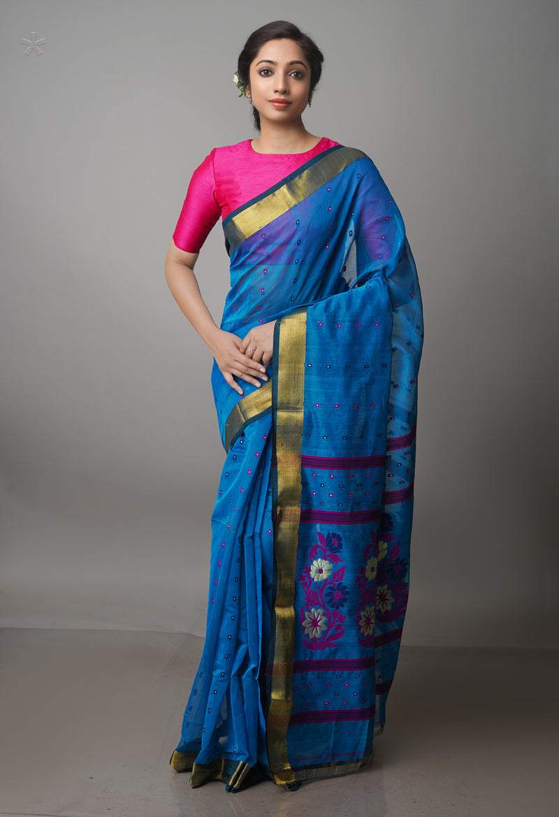Blue Pure Handloom Dhakai Jamdhani Cotton Silk Saree-UNM70280
