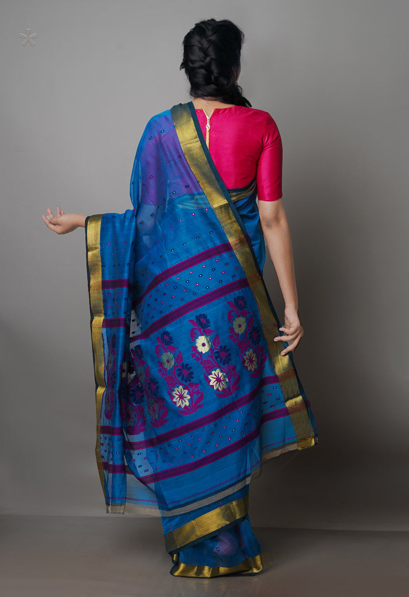 Blue Pure Handloom Dhakai Jamdhani Cotton Silk Saree-UNM70280