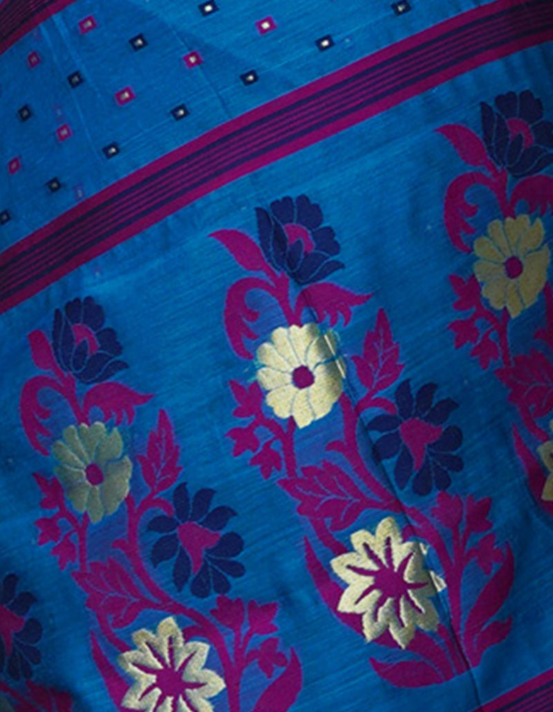 Blue Pure Handloom Dhakai Jamdhani Cotton Silk Saree-UNM70280