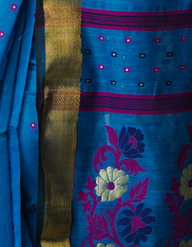 Blue Pure Handloom Dhakai Jamdhani Cotton Silk Saree-UNM70280