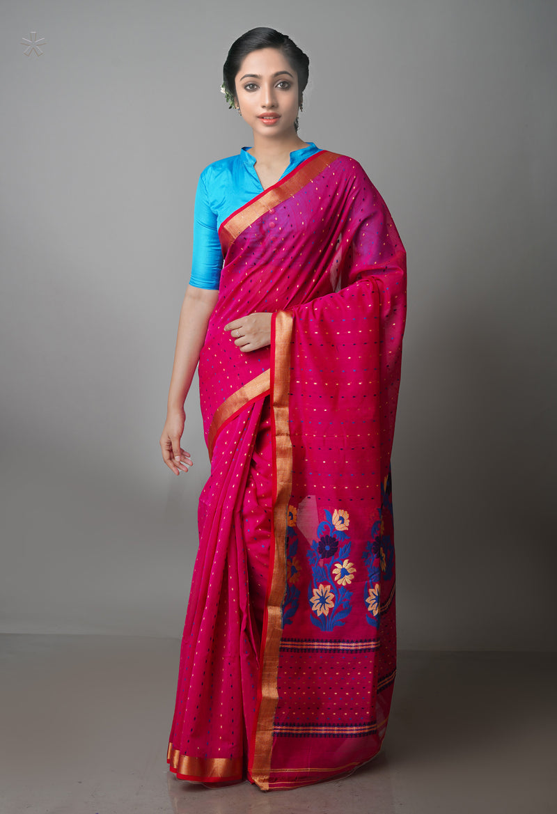 Dark Pink Pure Handloom Dhakai Jamdhani Cotton Silk Saree-UNM70282