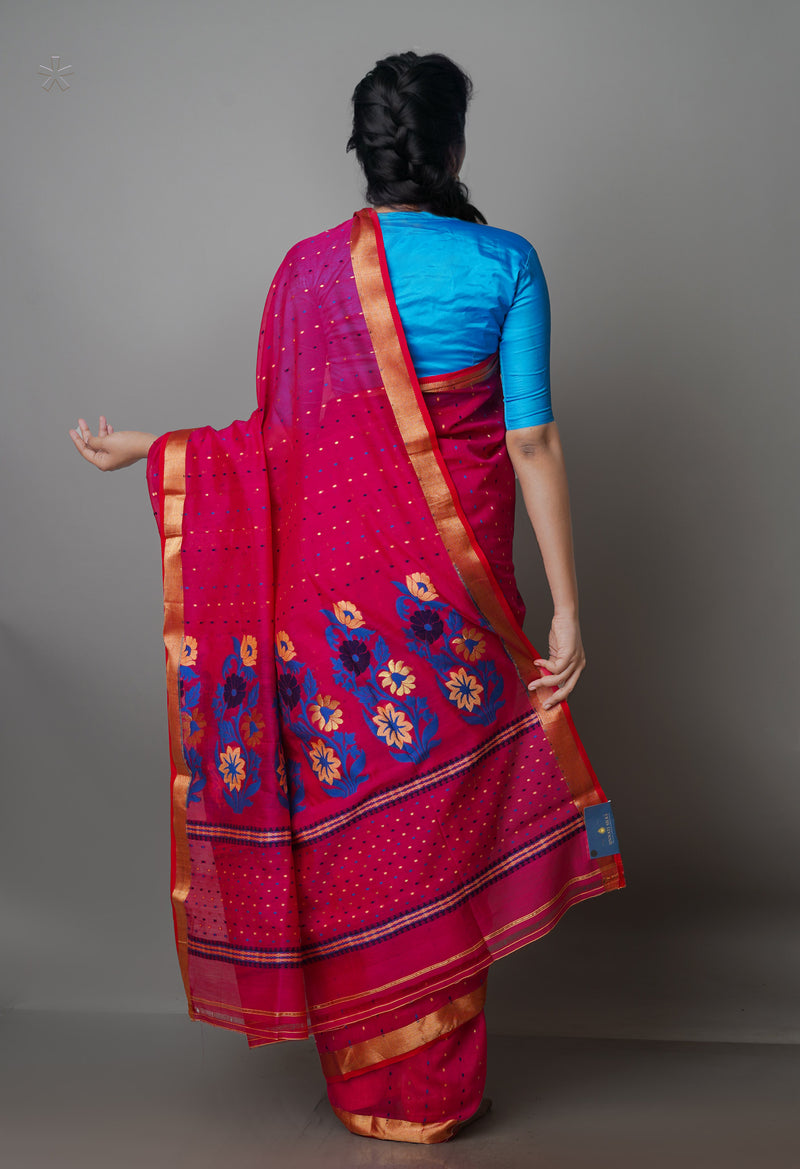 Dark Pink Pure Handloom Dhakai Jamdhani Cotton Silk Saree-UNM70282