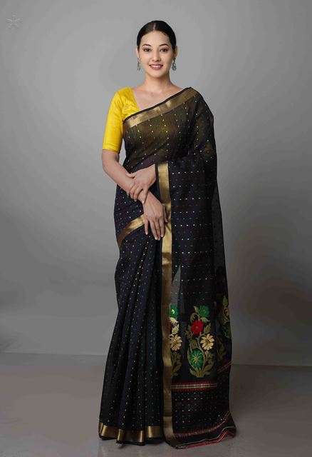 Black Pure Handloom Dhakai Jamdhani Cotton Silk Saree-UNM70283