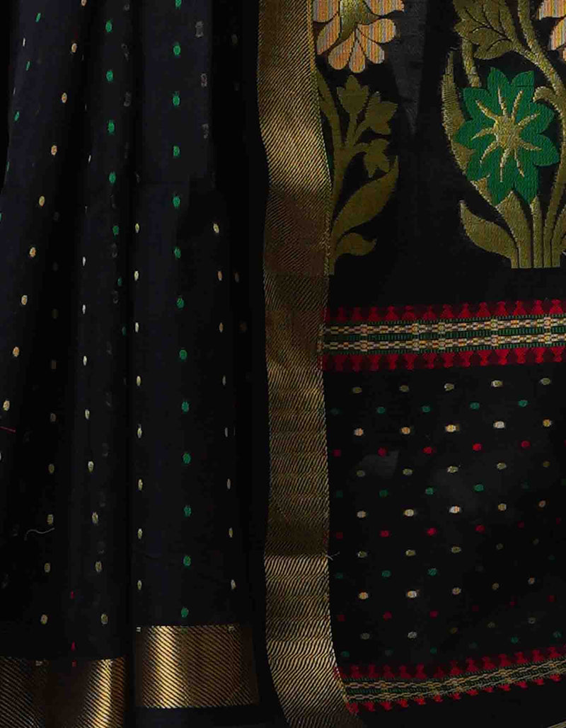 Black Pure Handloom Dhakai Jamdhani Cotton Silk Saree-UNM70283