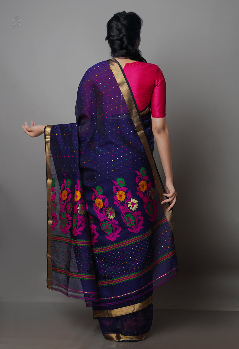 Navy Blue Pure Handloom Dhakai Jamdhani Cotton Silk Saree-UNM70284