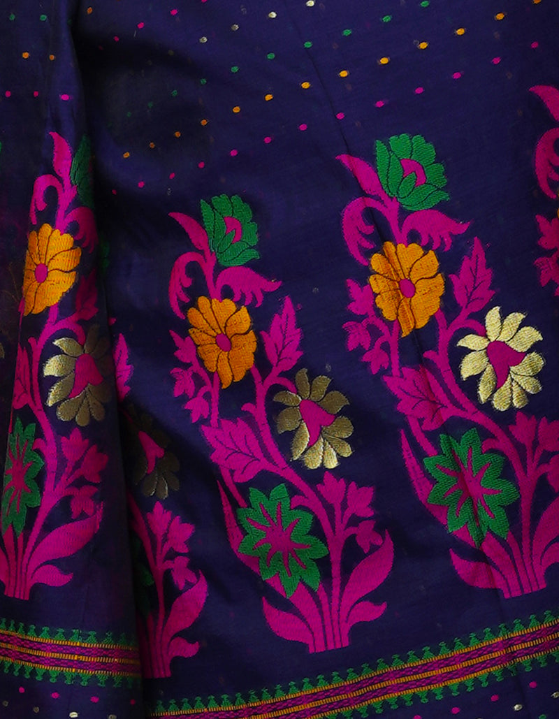 Navy Blue Pure Handloom Dhakai Jamdhani Cotton Silk Saree-UNM70284