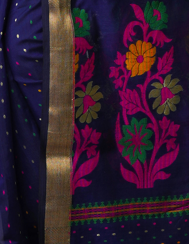 Navy Blue Pure Handloom Dhakai Jamdhani Cotton Silk Saree-UNM70284