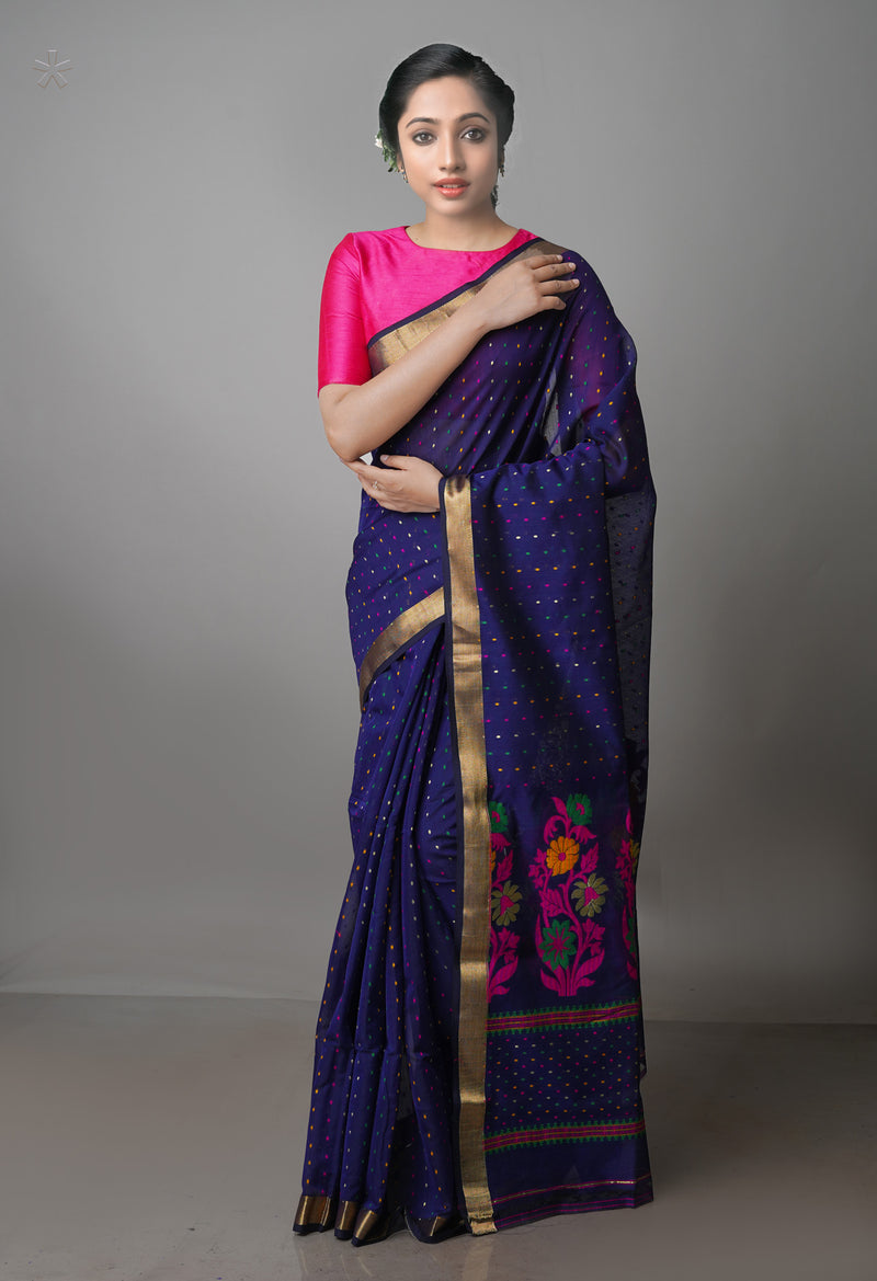 Navy Blue Pure Handloom Dhakai Jamdhani Cotton Silk Saree-UNM70284