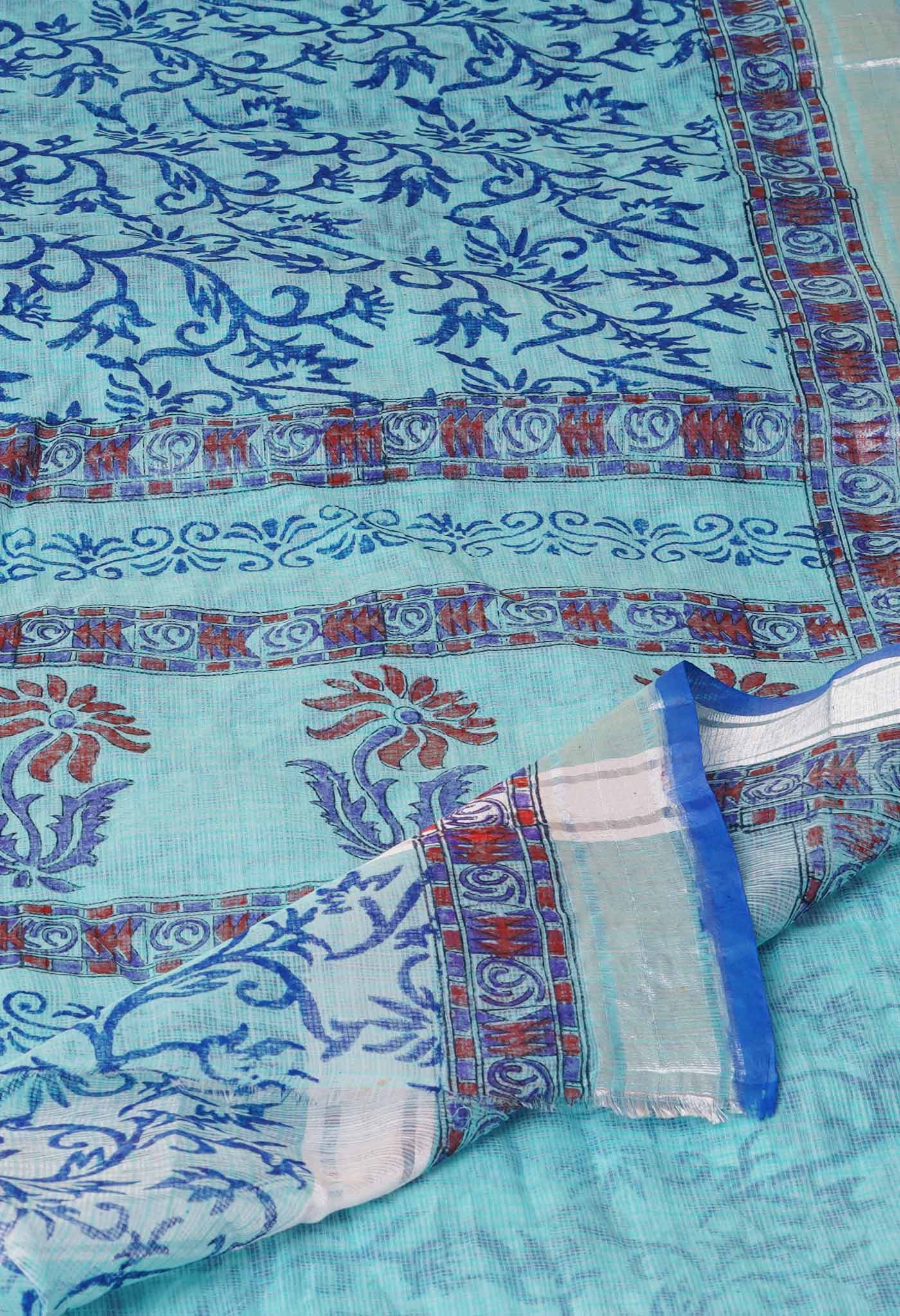 Sea Green Pure  Kota Block Printed Cotton Saree-UNM70334
