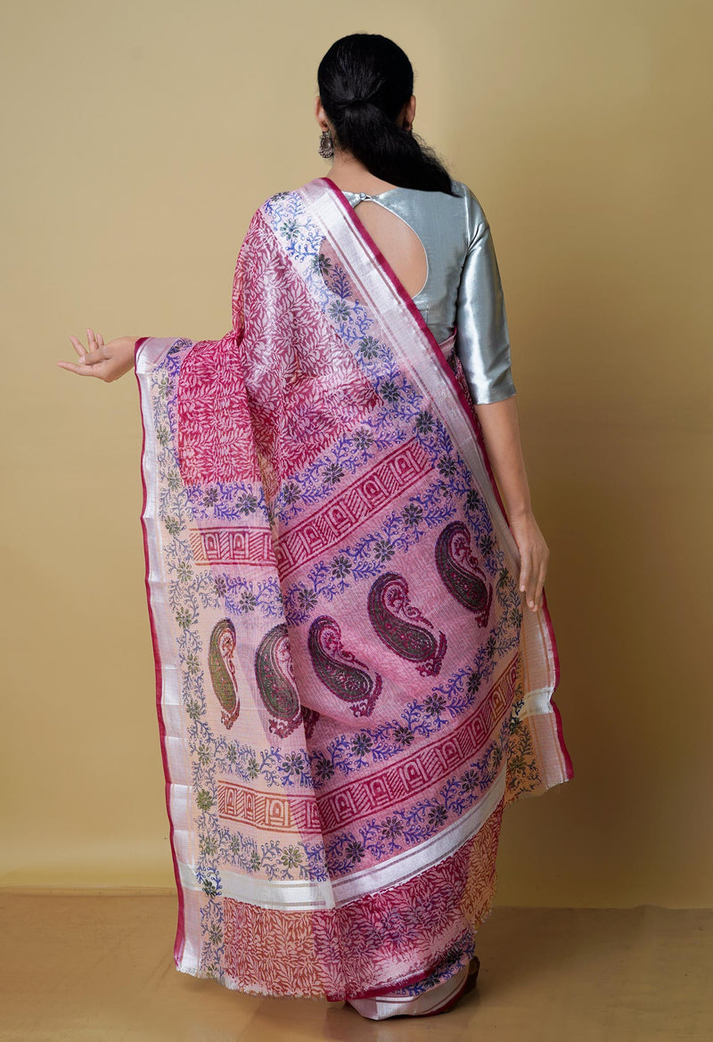 Dark Pink Pure  Kota Block Printed Cotton Saree-UNM70337